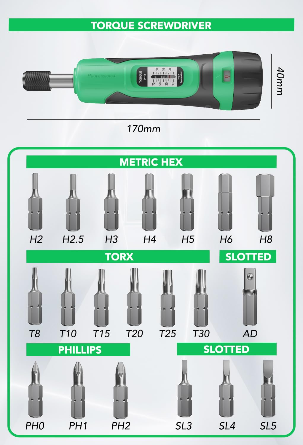 1/4" Drive 10-70 Inch Pounds 20 Pcs Torque Screwdriver Set Y941