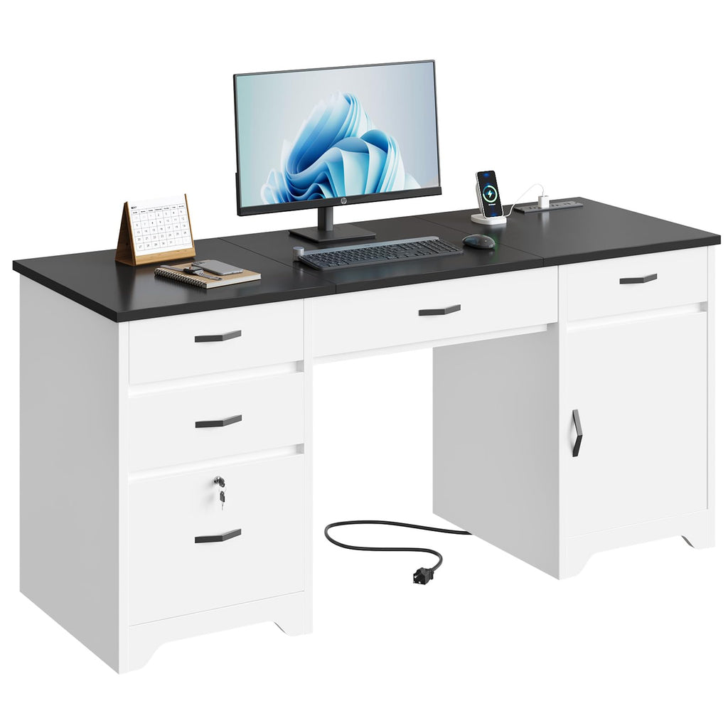White Office Desk with Lockable Drawers and Charging Station O715