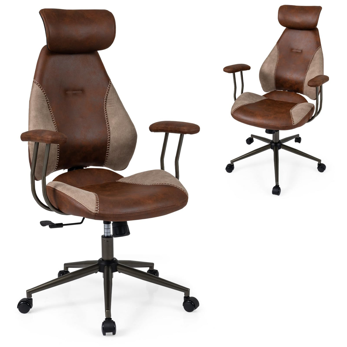 Brown Faux Fur Ergonomic Office Chair with Headrest and Wheels R667