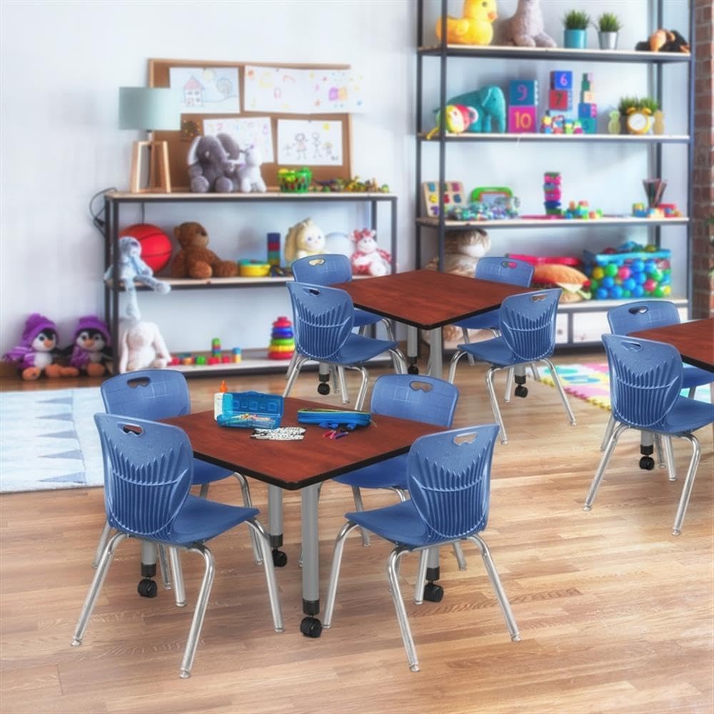 30" Square Mobile Table with 4 Blue Stackable Chairs G5940