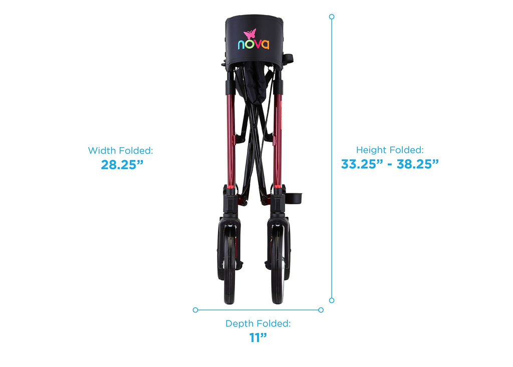 Red Compact Foldable Rollator Walker with Cane Holder L500
