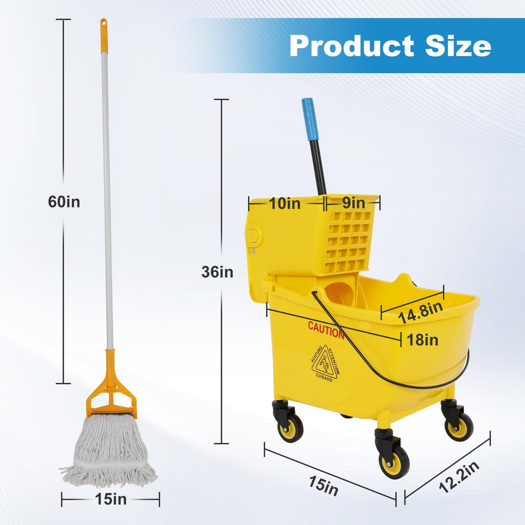35 Qt Yellow Mop Bucket with Wringer on Wheels and Mops Set T273350