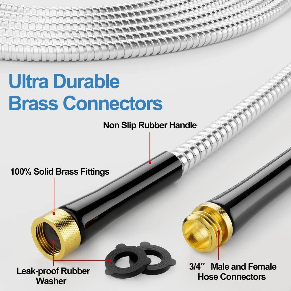 100ft 304 Stainless Steel Metal Garden Hose with Rubber Grip X15014
