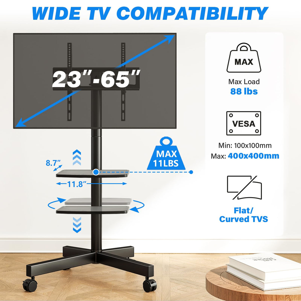 Mobile TV Stand for 23-65 Inch Flat Curved TVs Black P2362