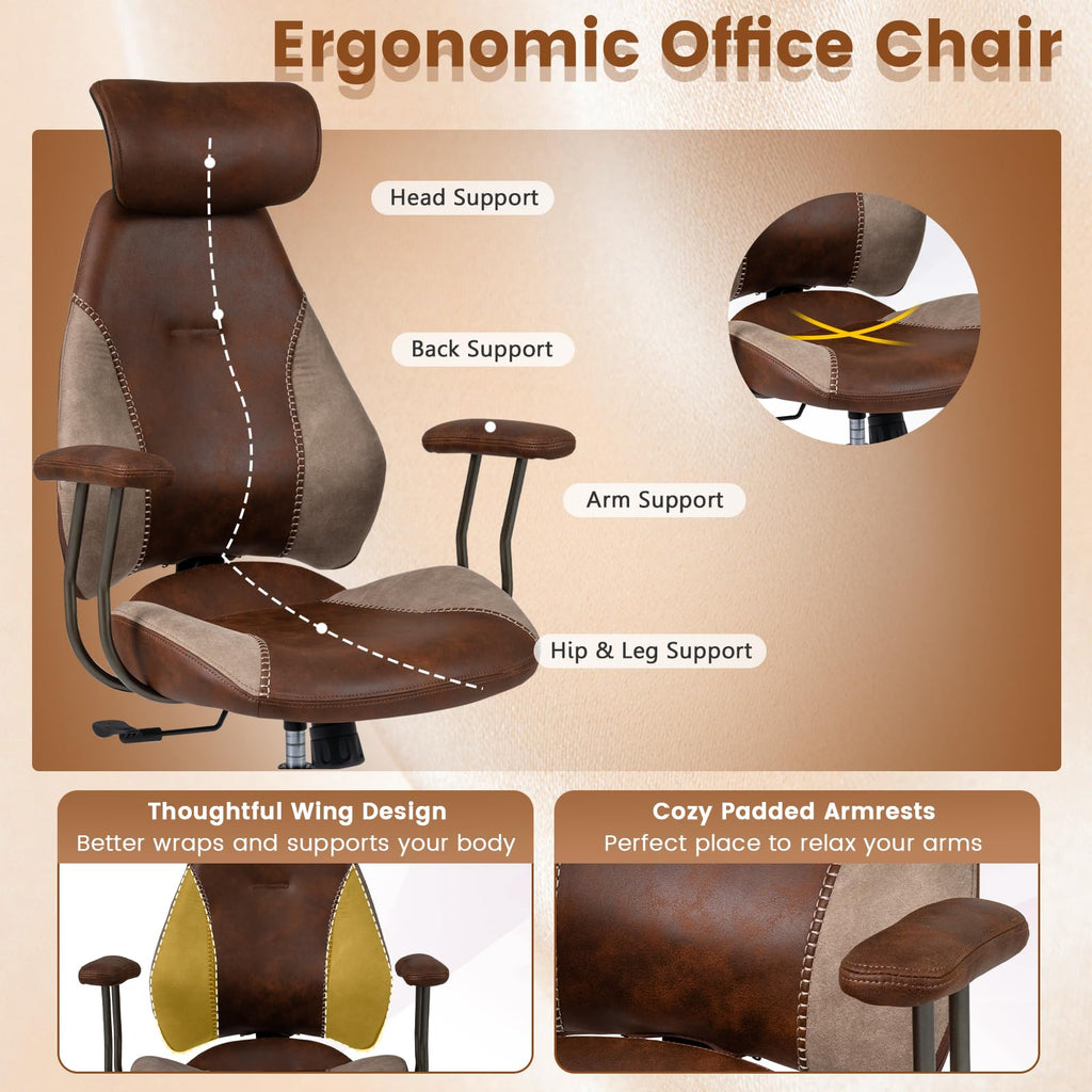 Brown Faux Fur Ergonomic Office Chair with Headrest and Wheels R667