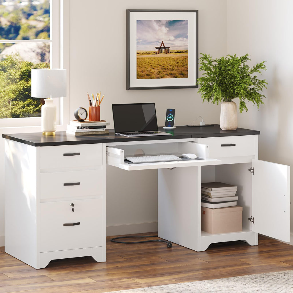 White Office Desk with Lockable Drawers and Charging Station O715