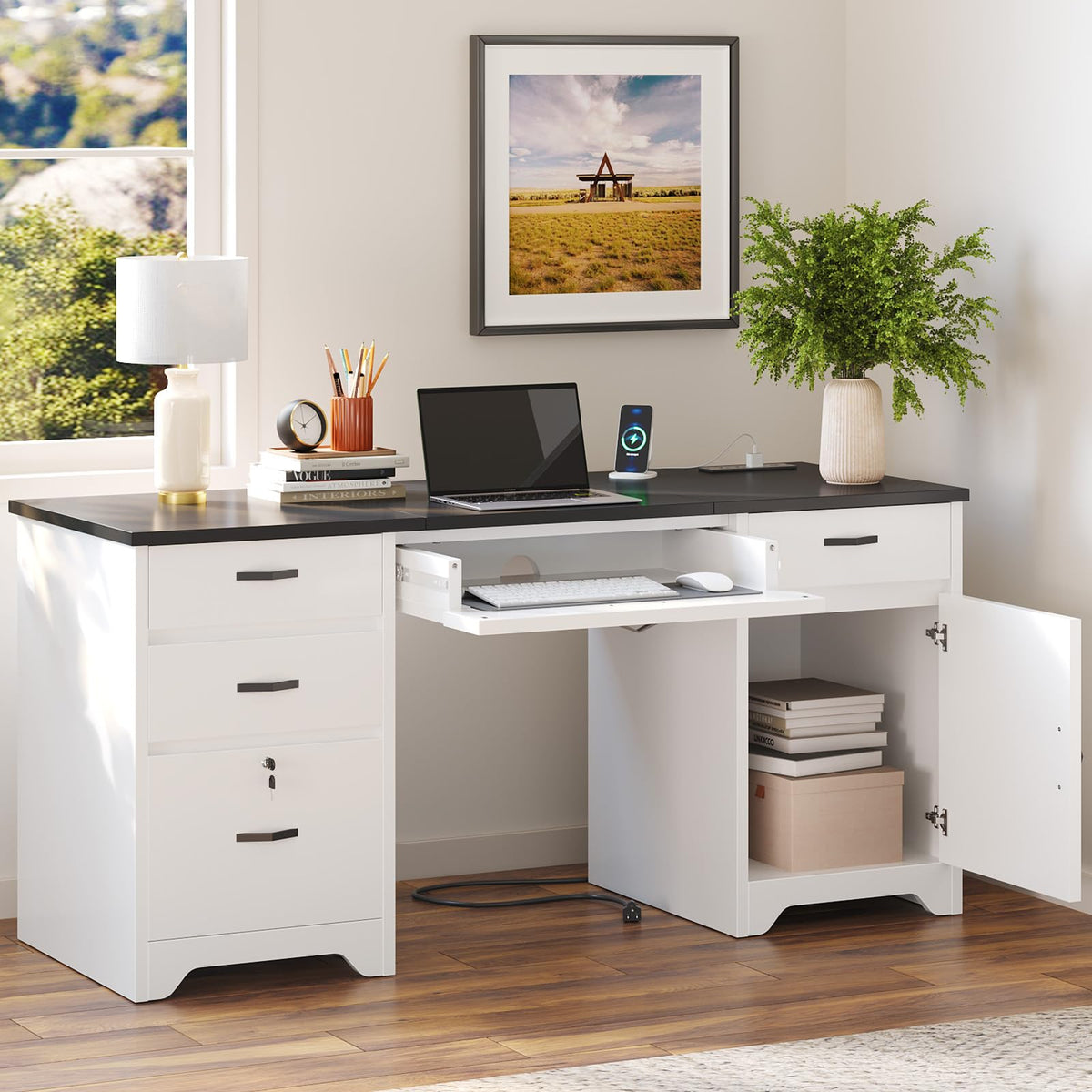 White Office Desk with Lockable Drawers and Charging Station O715