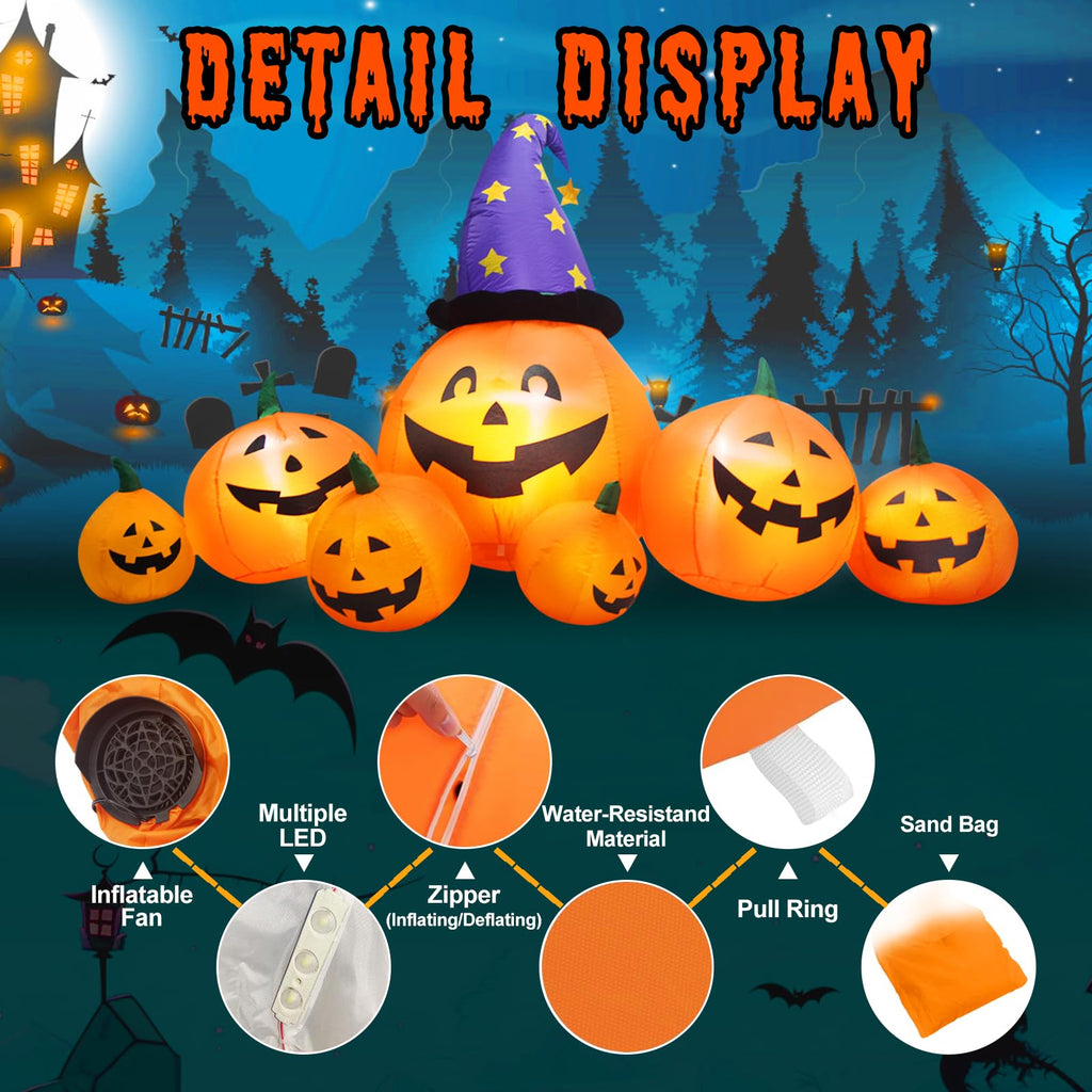 8 FT Inflatable Pumpkins and Witch Hat with Built-in LED Lights U12529