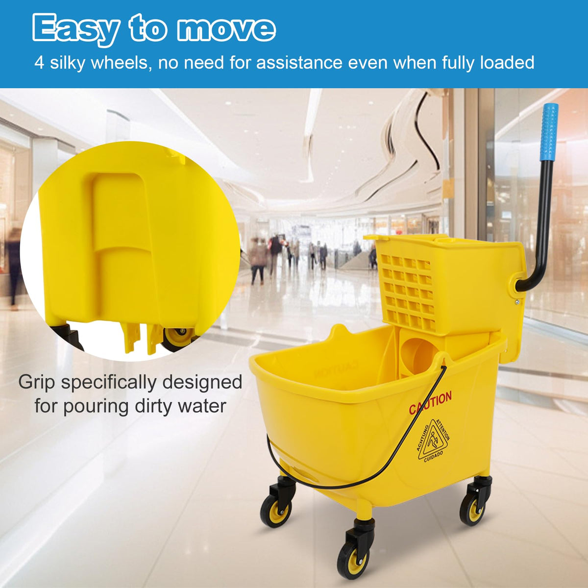 35 Qt Yellow Mop Bucket with Wringer on Wheels and Mops Set T273350