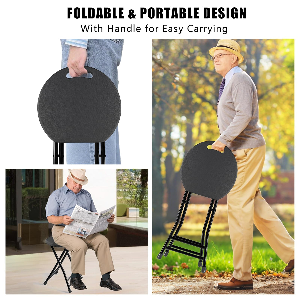Black 18 Inch Folding Stool with Handle, Pack of 2 C431998