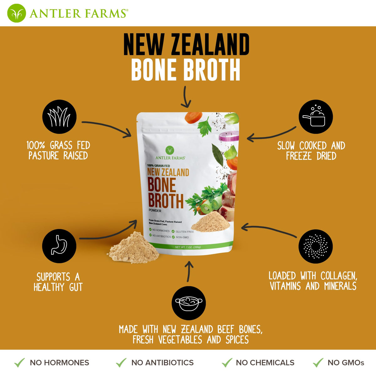 100% Grass Fed New Zealand Bone Broth Powder, 40 Servings, 200g U42231