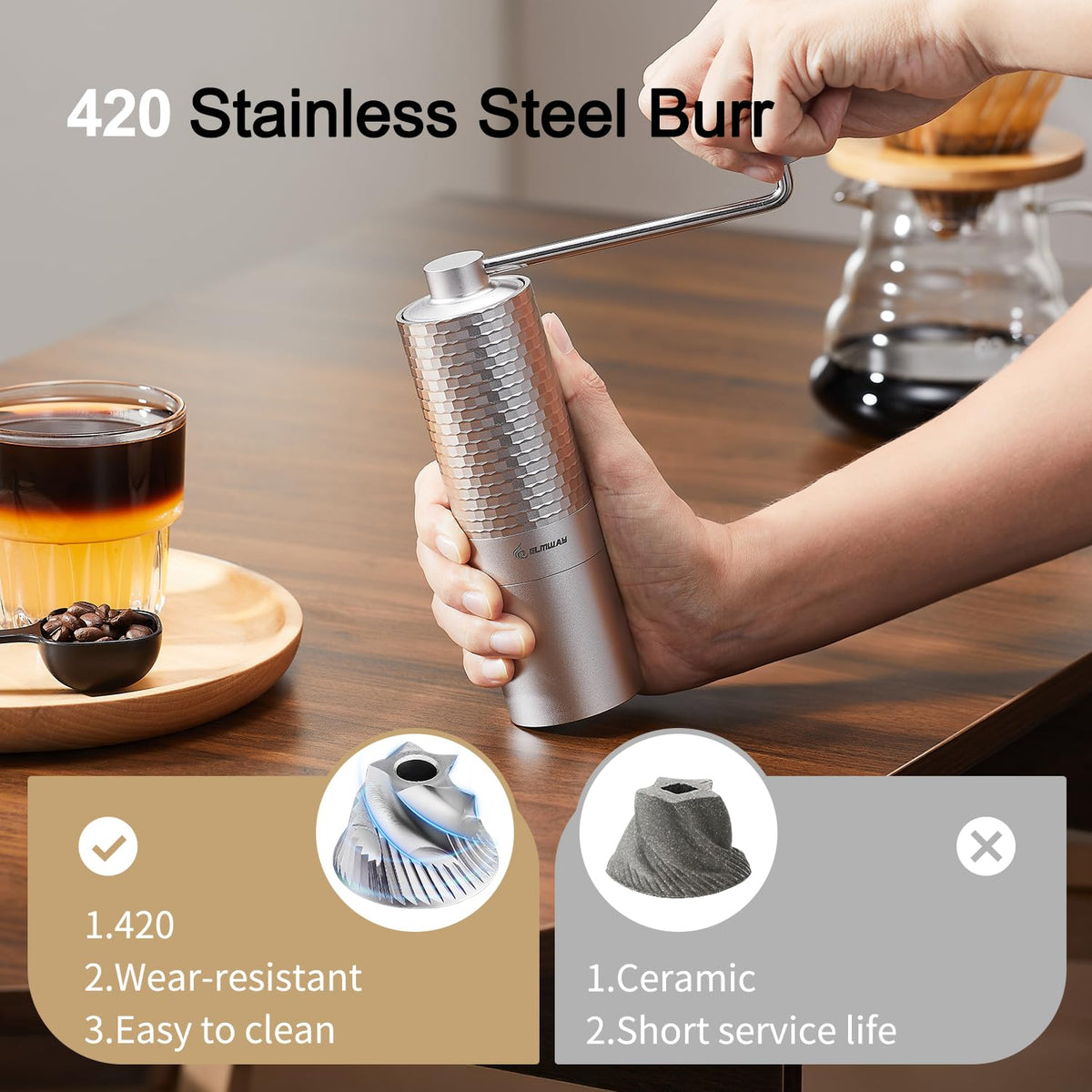 Manual Coffee Grinder, Stainless Steel Conical Burr Hand Grinder, 25g Coffee Bean Mill with Magnetic Handle, Dual Bearing Metal Body for Travel and Camping Y873