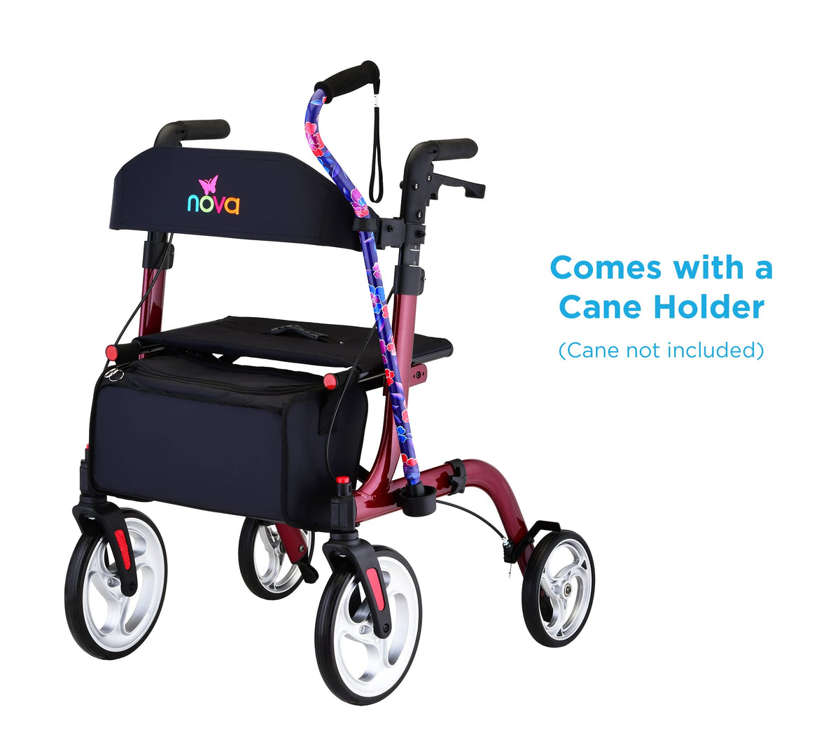 Red Compact Foldable Rollator Walker with Cane Holder L500
