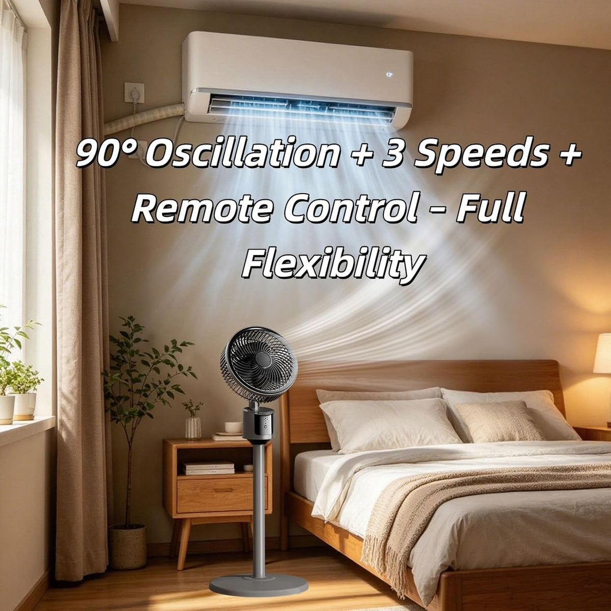 Standing Fan with 90° Oscillation, 3 Speeds, Adjustable Height F5048