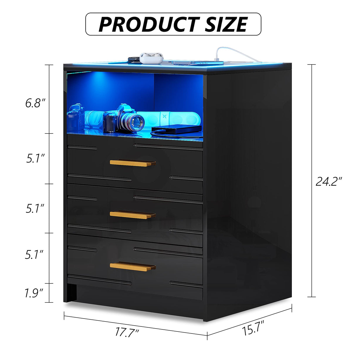 Black High Gloss Nightstand with Wireless Charging Station Y987