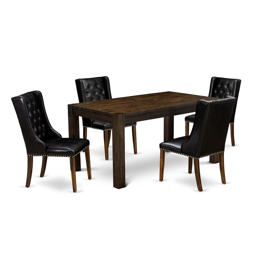 5 Piece Rustic Wood Dining Table Set with 4 Black Faux Leather Chairs W21132