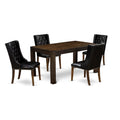 5 Piece Rustic Wood Dining Table Set with 4 Black Faux Leather Chairs W21132