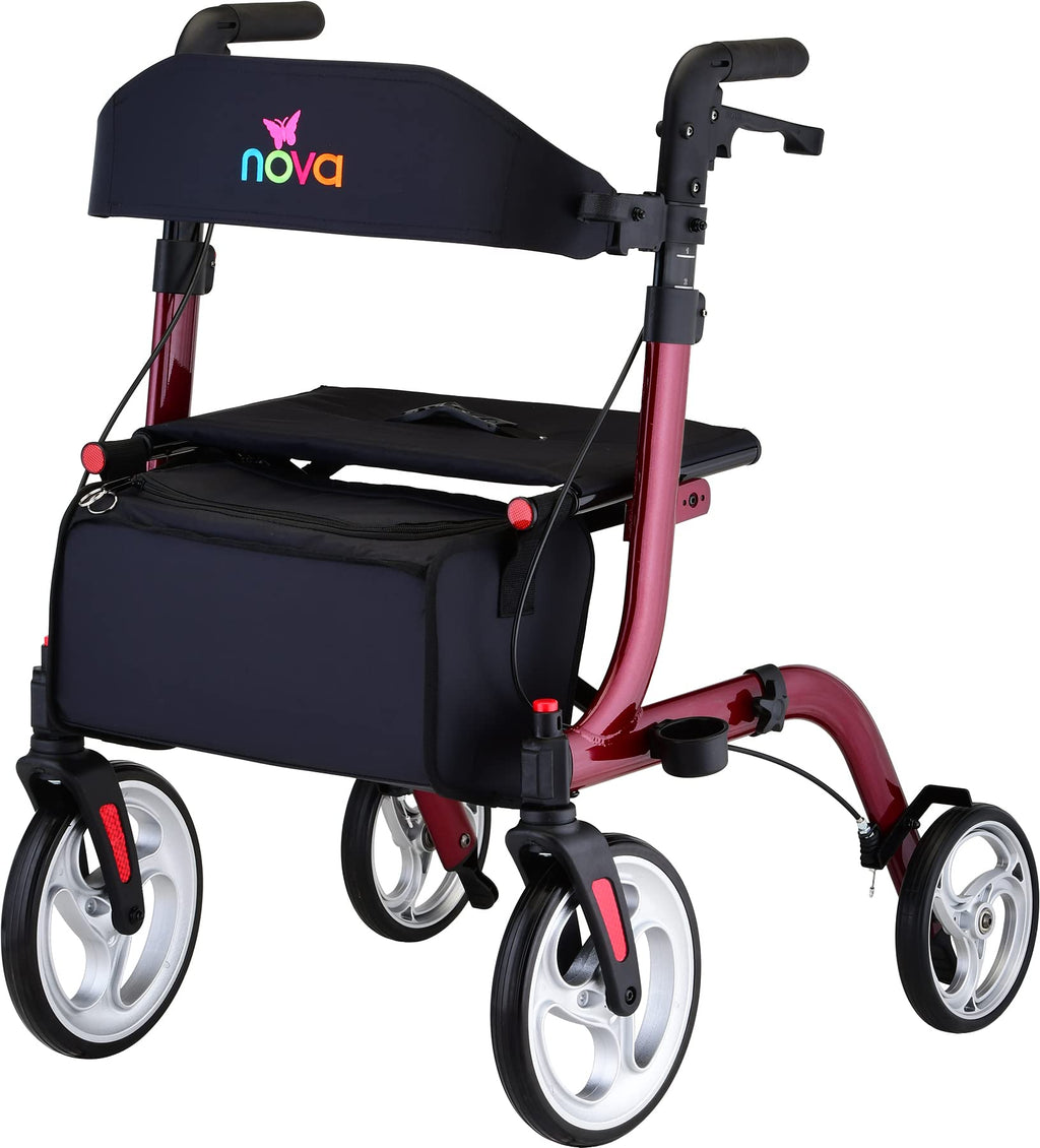 Red Compact Foldable Rollator Walker with Cane Holder L500