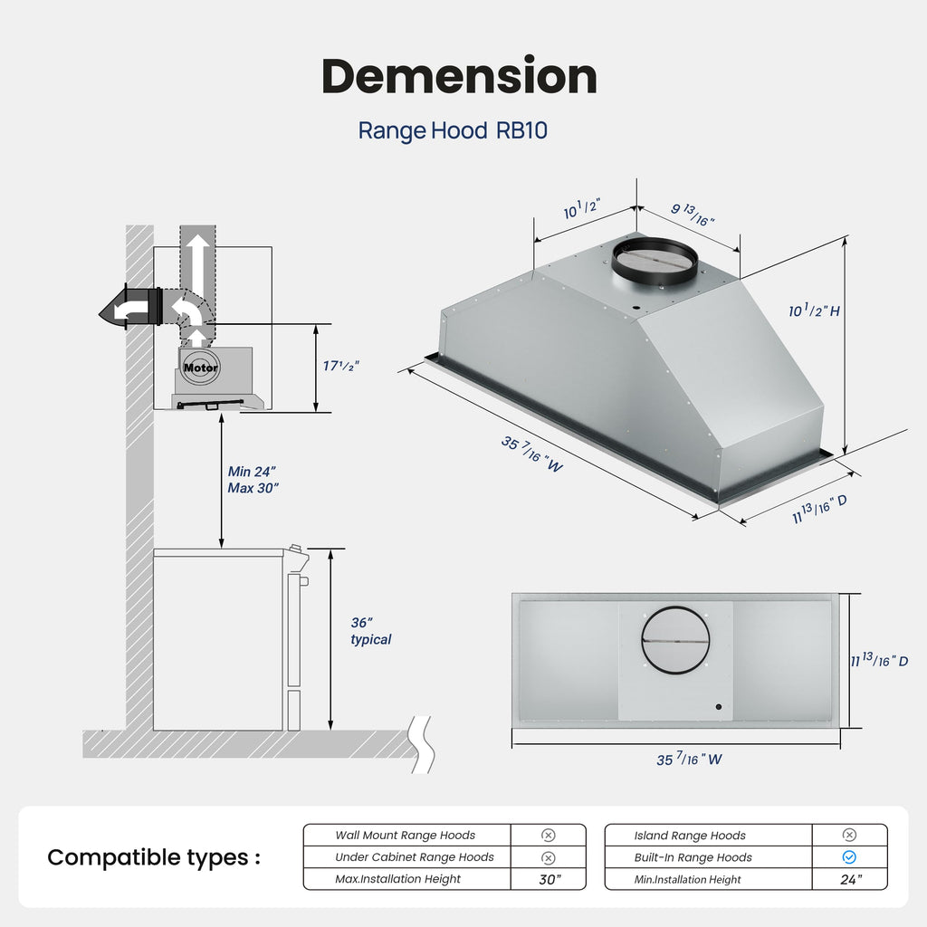 36 Inch 900 CFM Stainless Steel Range Hood Insert F198
