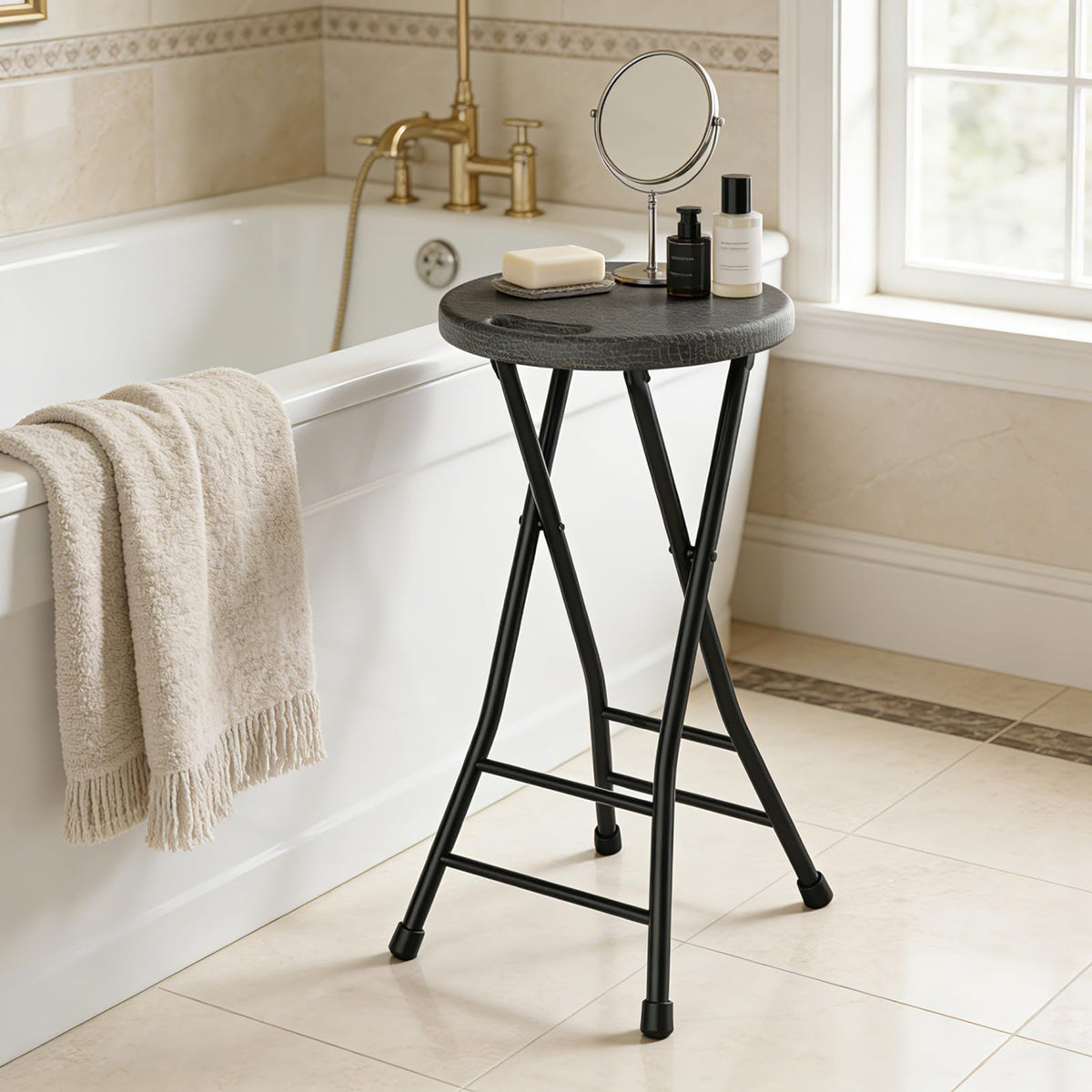 Black 18 Inch Folding Stool with Handle, Pack of 2 C431998