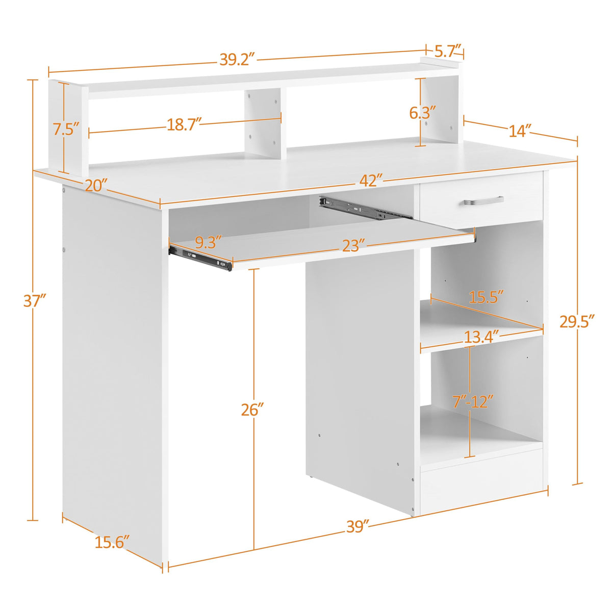 White Computer Desk with Keyboard Tray, Drawers, and Shelves R26811