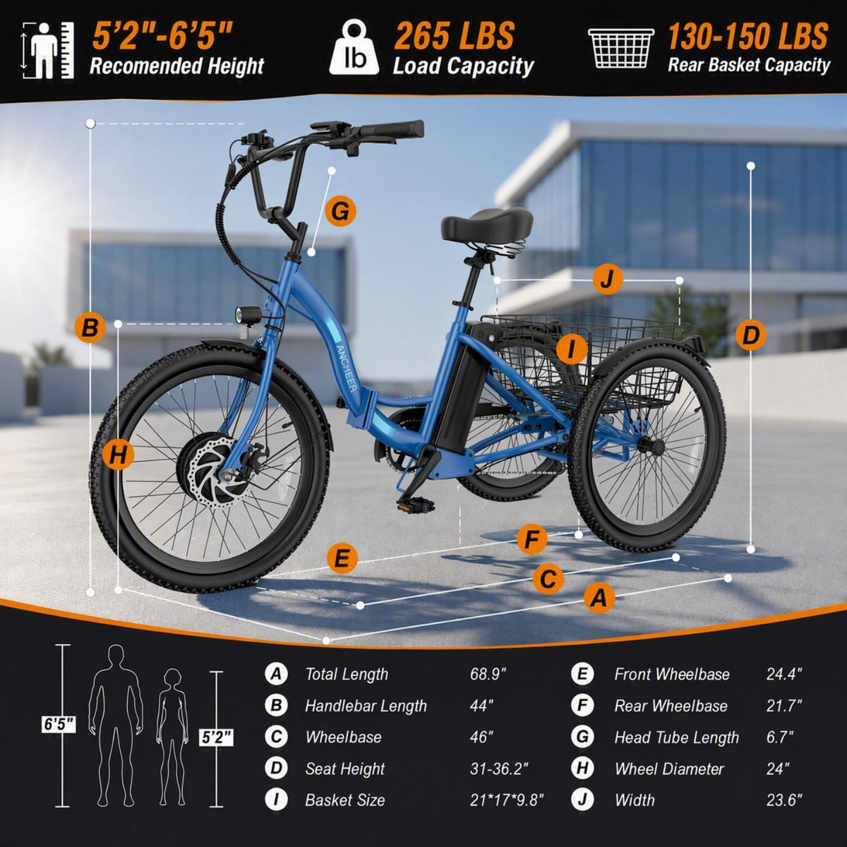 Electric Tricycle for Adults, 600W Folding 24" 3 Wheel U883