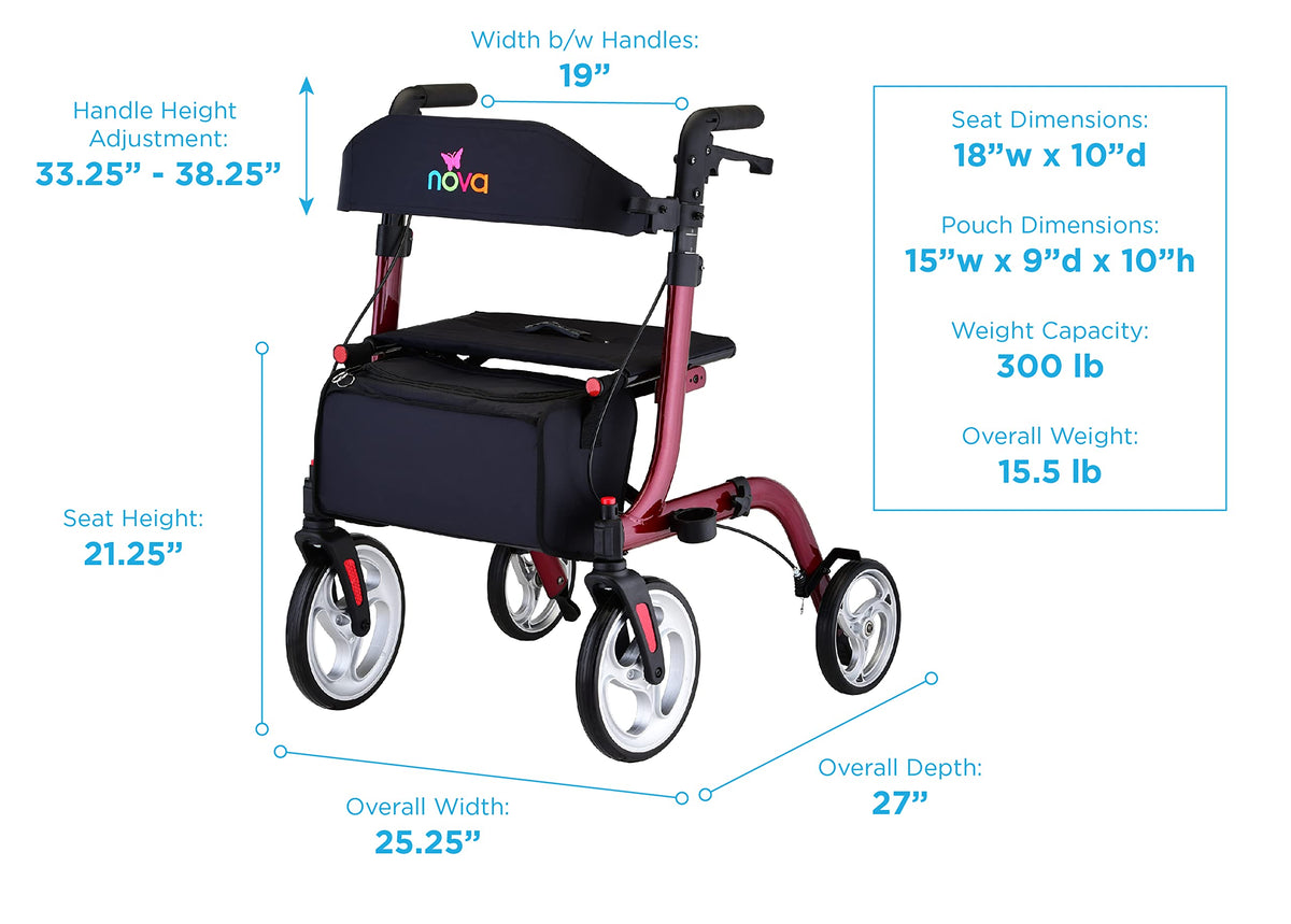Red Compact Foldable Rollator Walker with Cane Holder L500