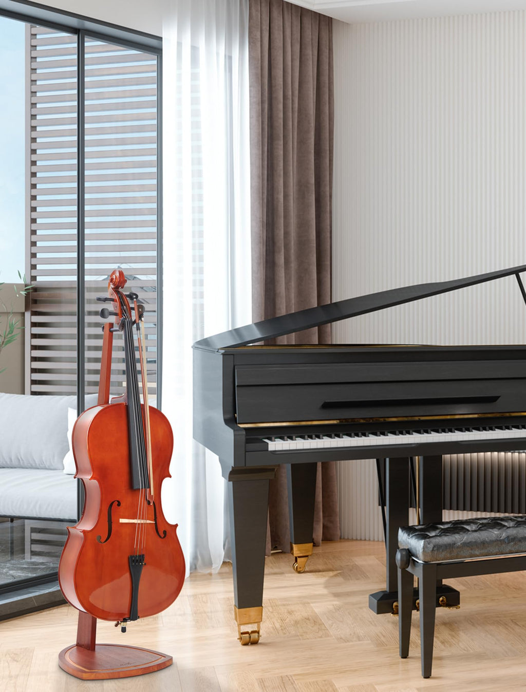 Mahogany Wood Cello Stand with Bow Holder I596008
