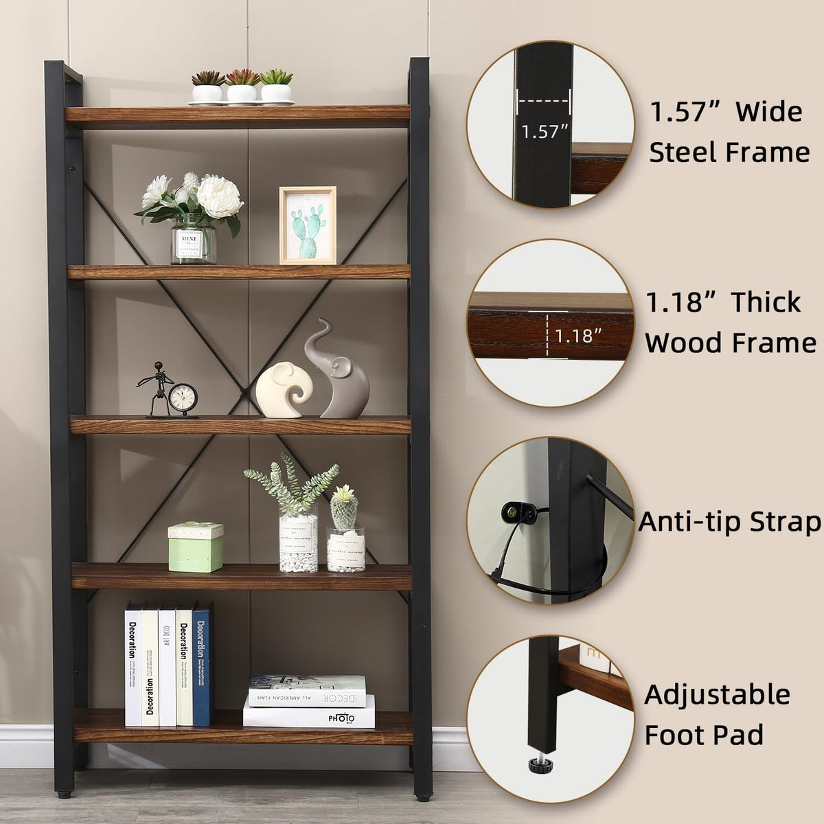 5 Tier Solid Wood Metal Bookcase T311