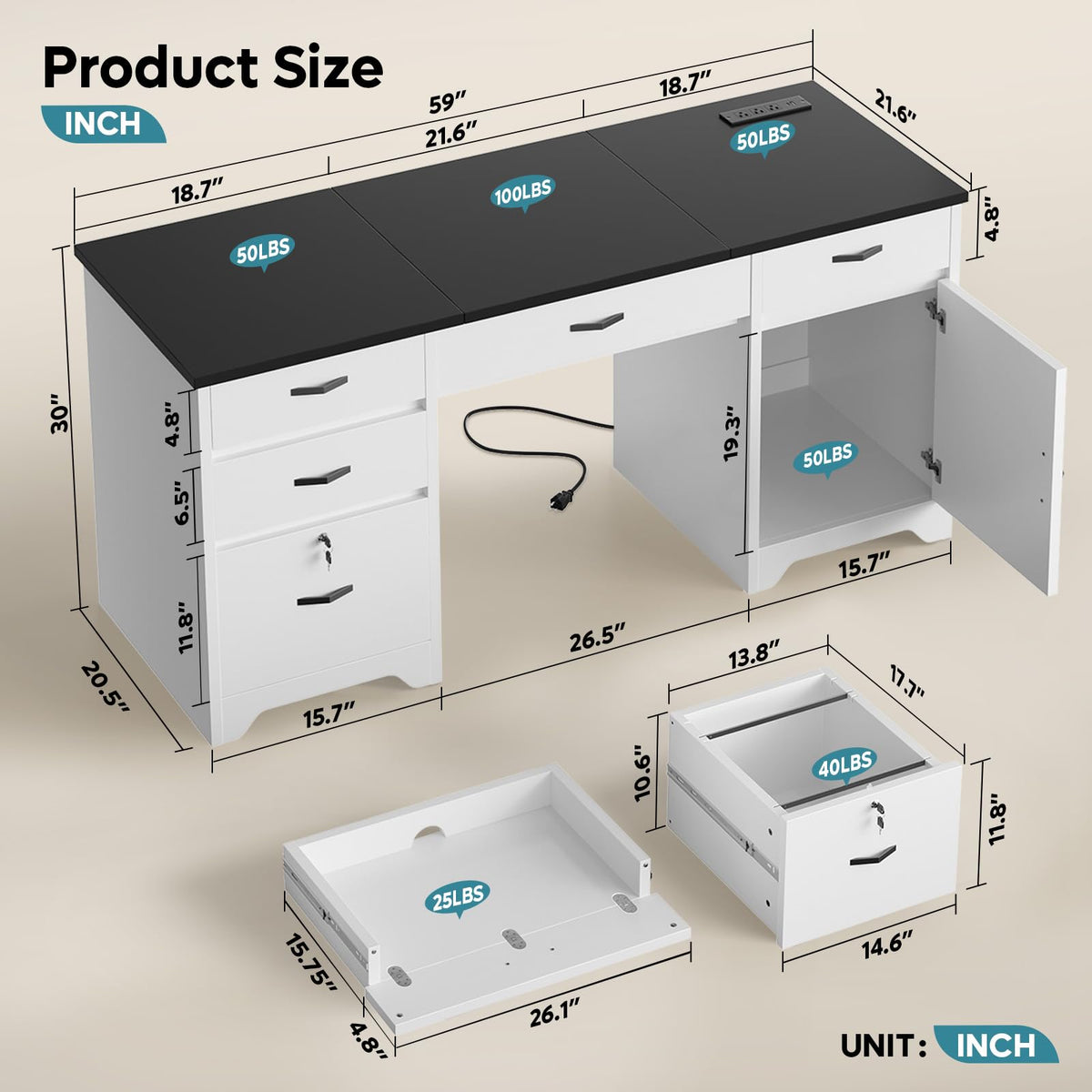 White Office Desk with Lockable Drawers and Charging Station O715