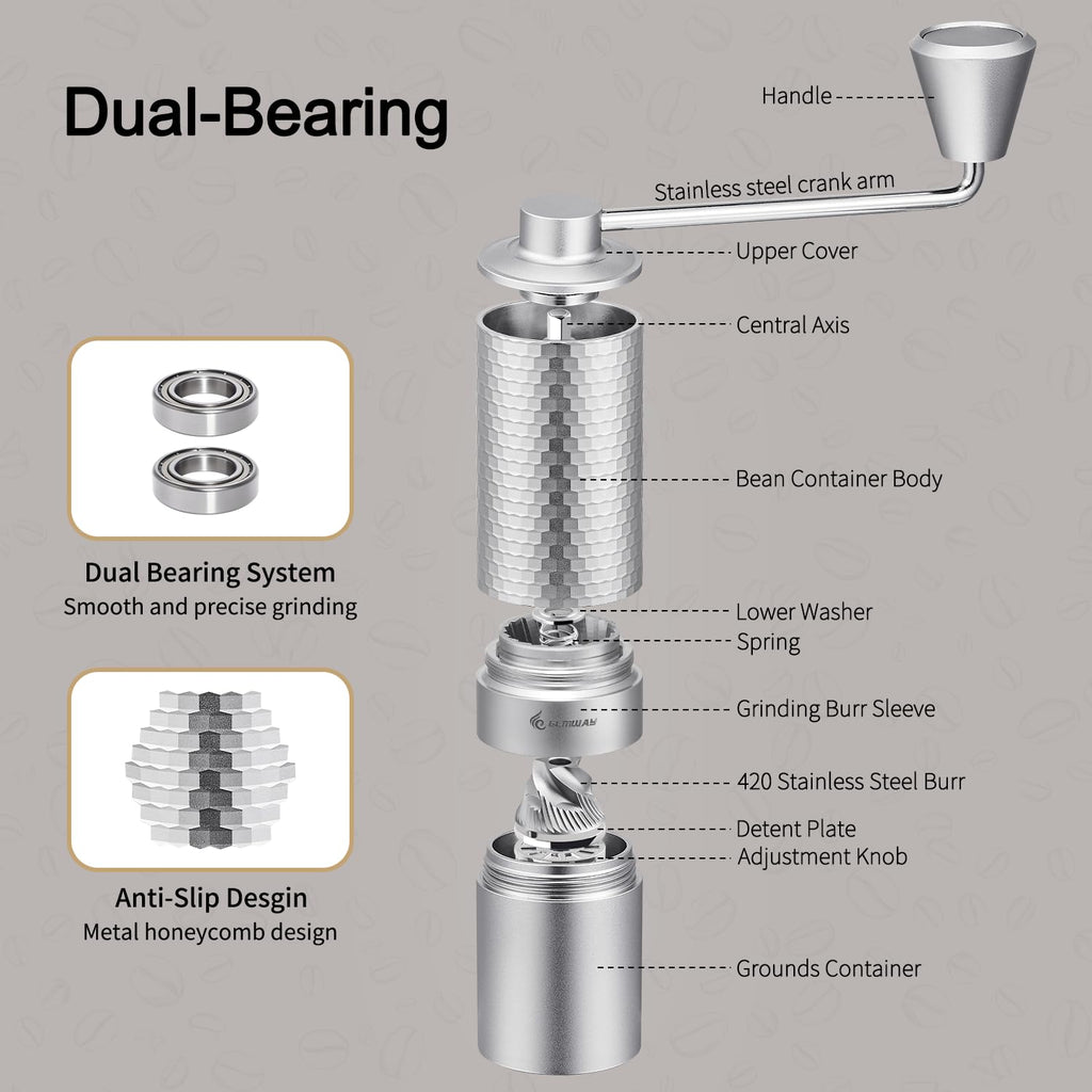 Manual Coffee Grinder, Stainless Steel Conical Burr Hand Grinder, 25g Coffee Bean Mill with Magnetic Handle, Dual Bearing Metal Body for Travel and Camping Y873