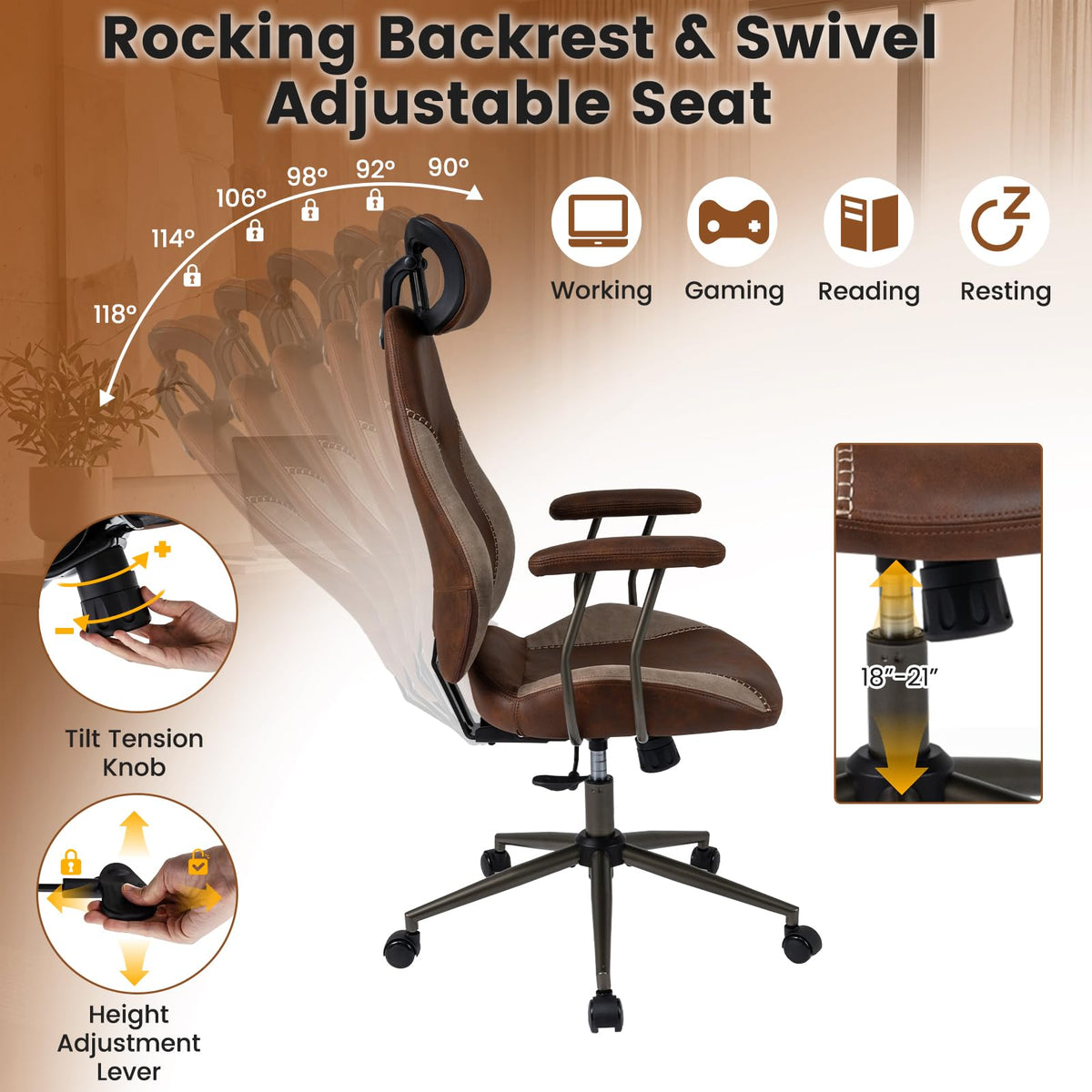 Brown Faux Fur Ergonomic Office Chair with Headrest and Wheels R667