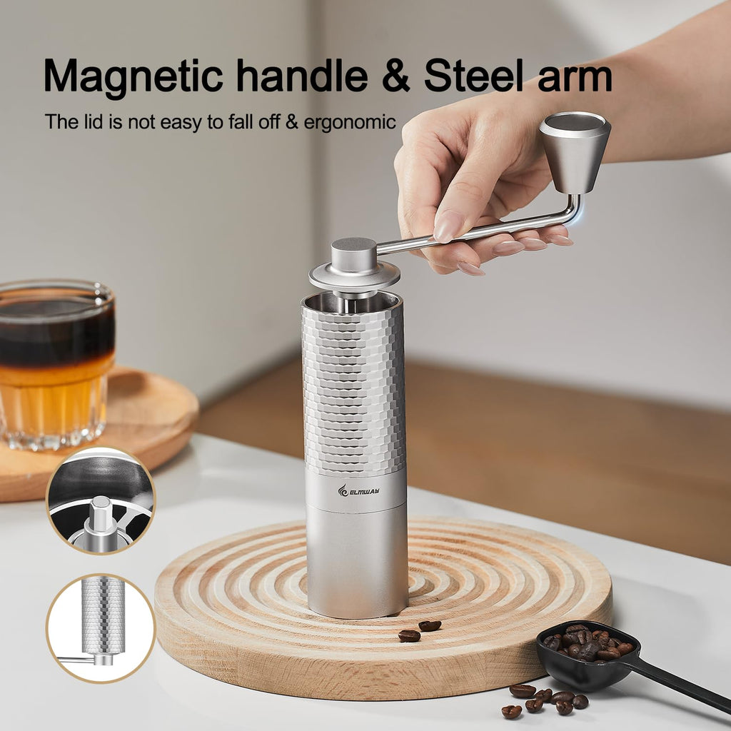 Manual Coffee Grinder, Stainless Steel Conical Burr Hand Grinder, 25g Coffee Bean Mill with Magnetic Handle, Dual Bearing Metal Body for Travel and Camping Y873