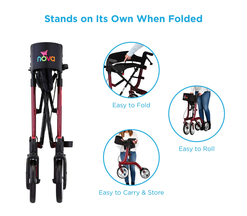 Red Compact Foldable Rollator Walker with Cane Holder L500