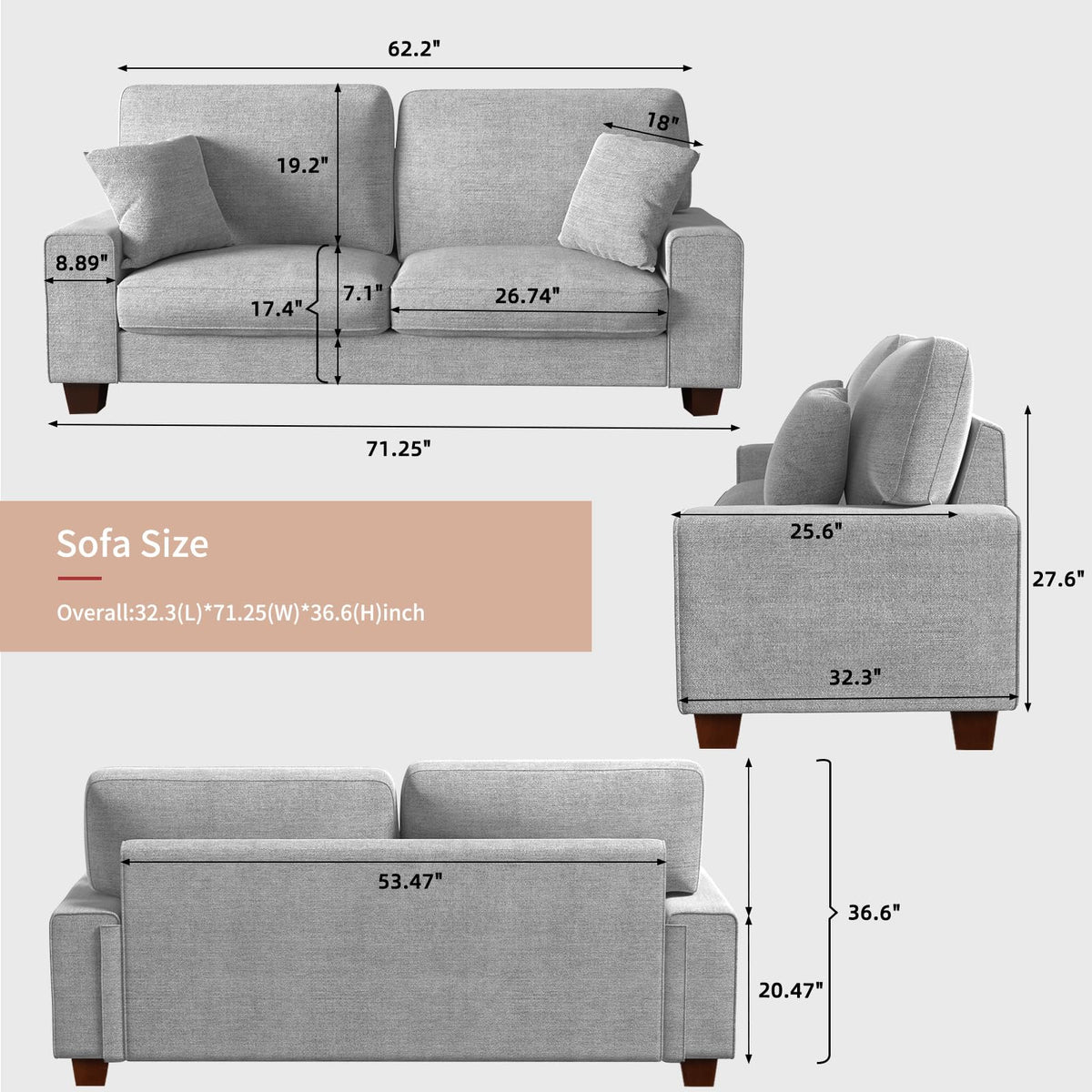 71.25" Light Gray Loveseat Sofa X246638