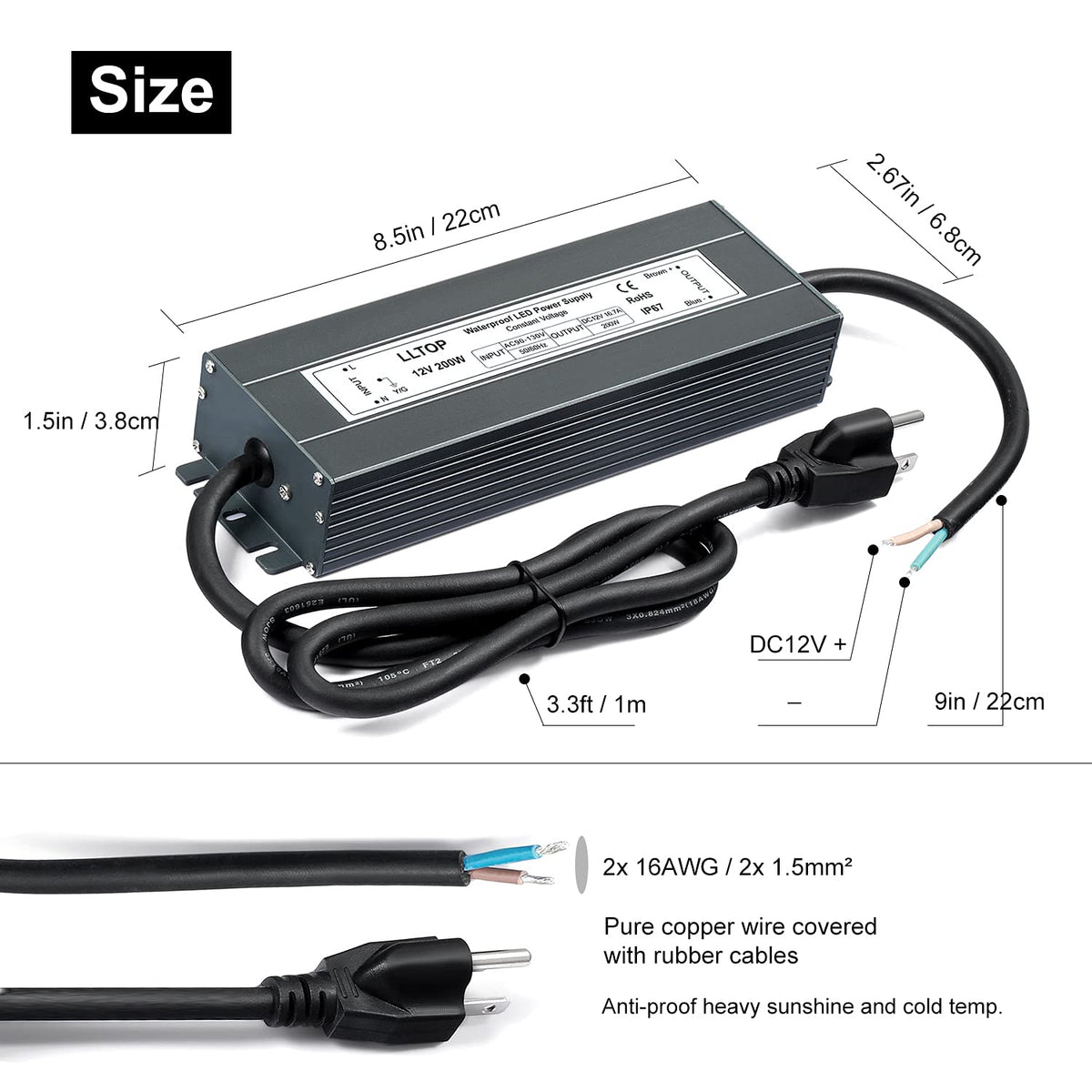 12V DC Waterproof IP67 Power Supply 200W 16.7A O468