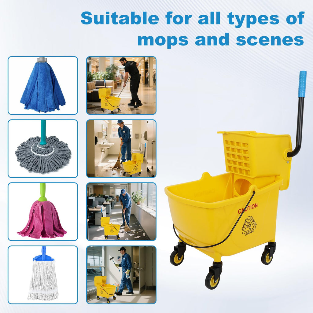 35 Qt Yellow Mop Bucket with Wringer on Wheels and Mops Set T273350