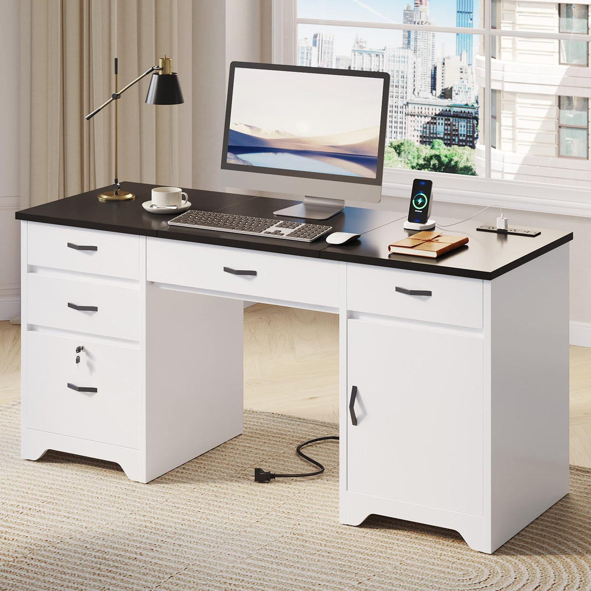 White Office Desk with Lockable Drawers and Charging Station O715