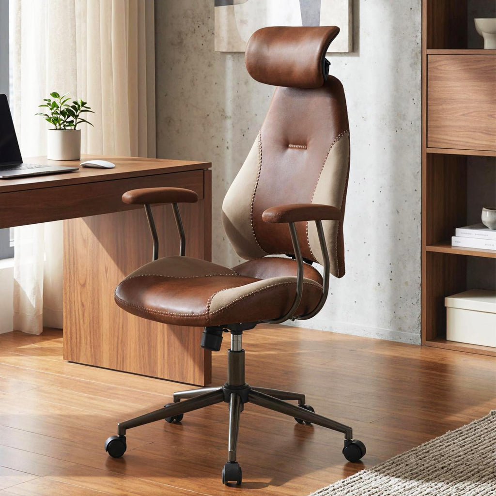 Brown Faux Fur Ergonomic Office Chair with Headrest and Wheels R667