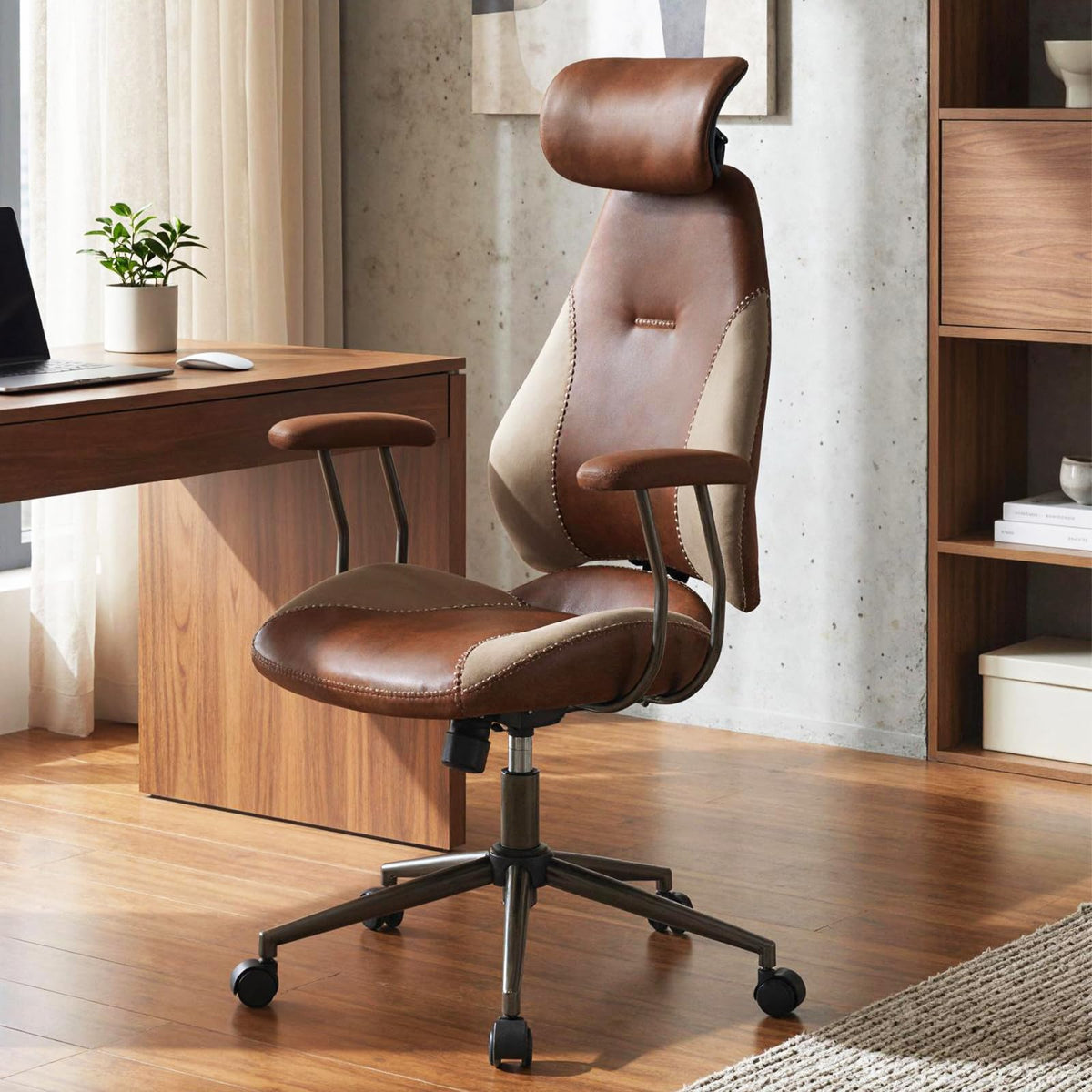Brown Faux Fur Ergonomic Office Chair with Headrest and Wheels R667