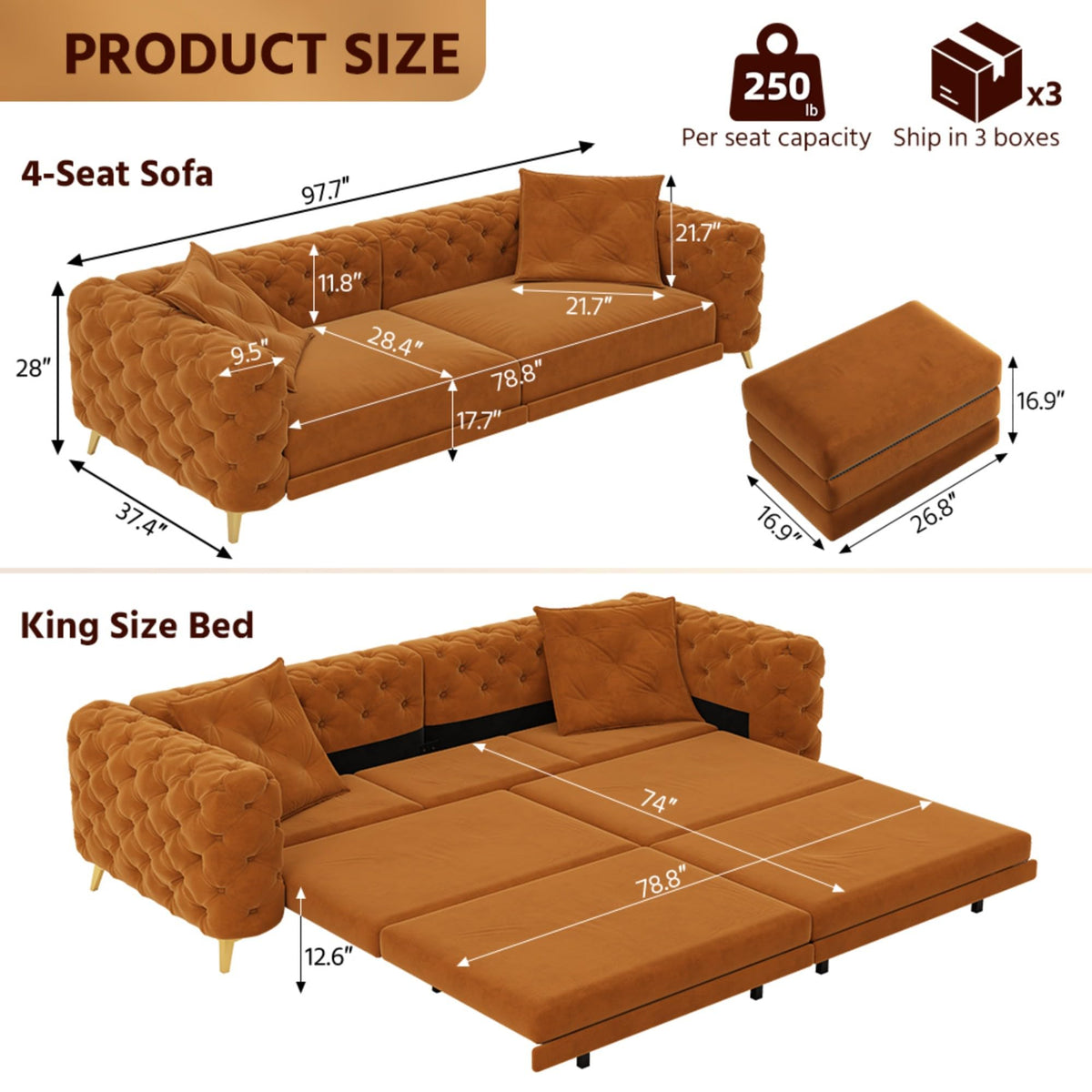 Velvet Convertible Sleeper Sofa with Ottoman K758238