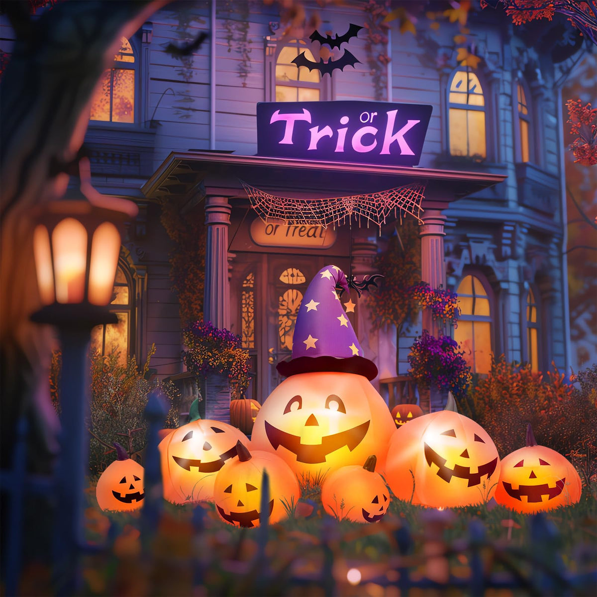 8 FT Inflatable Pumpkins and Witch Hat with Built-in LED Lights U12529