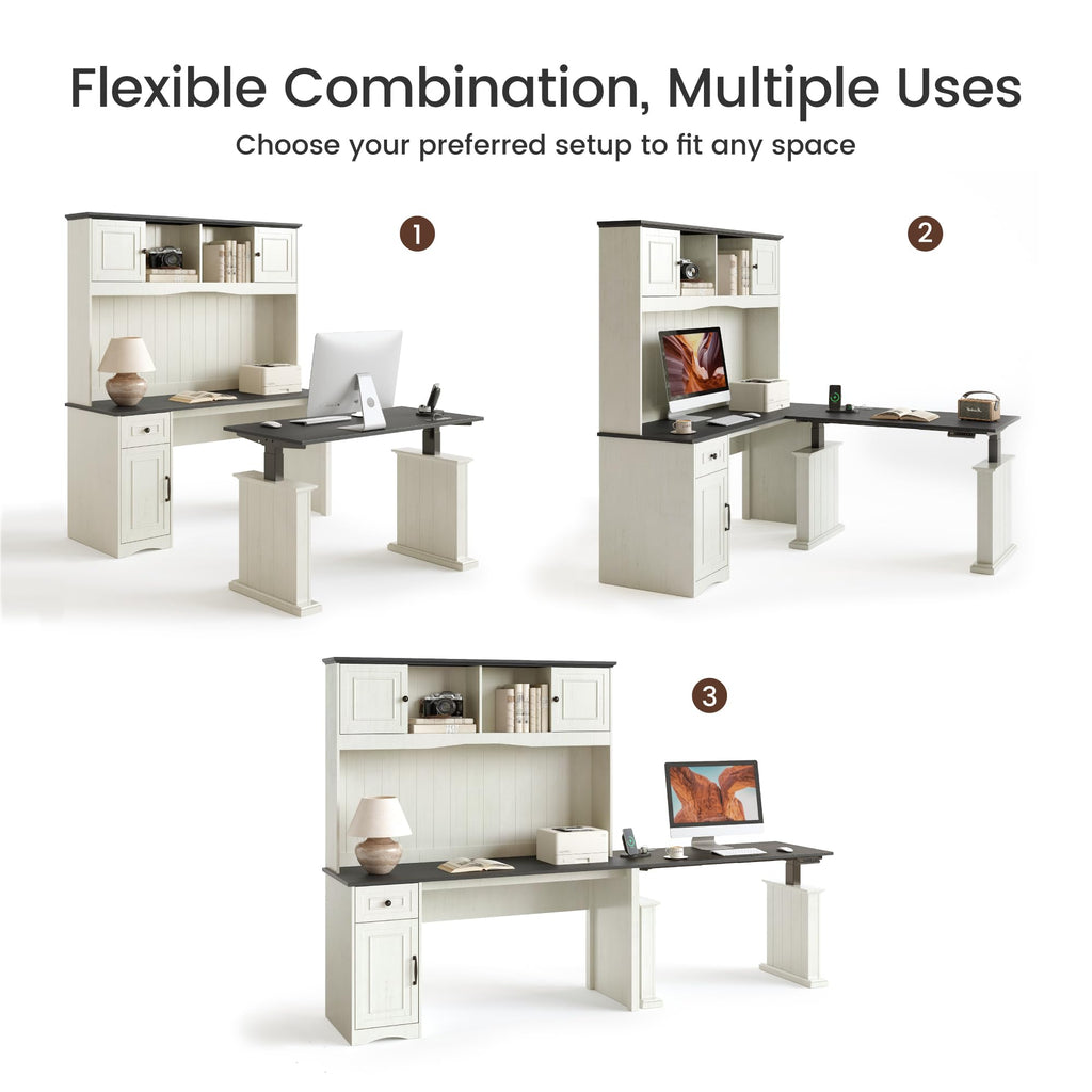 L Shaped Electric Standing Desk with Hutch and Drawers V33810