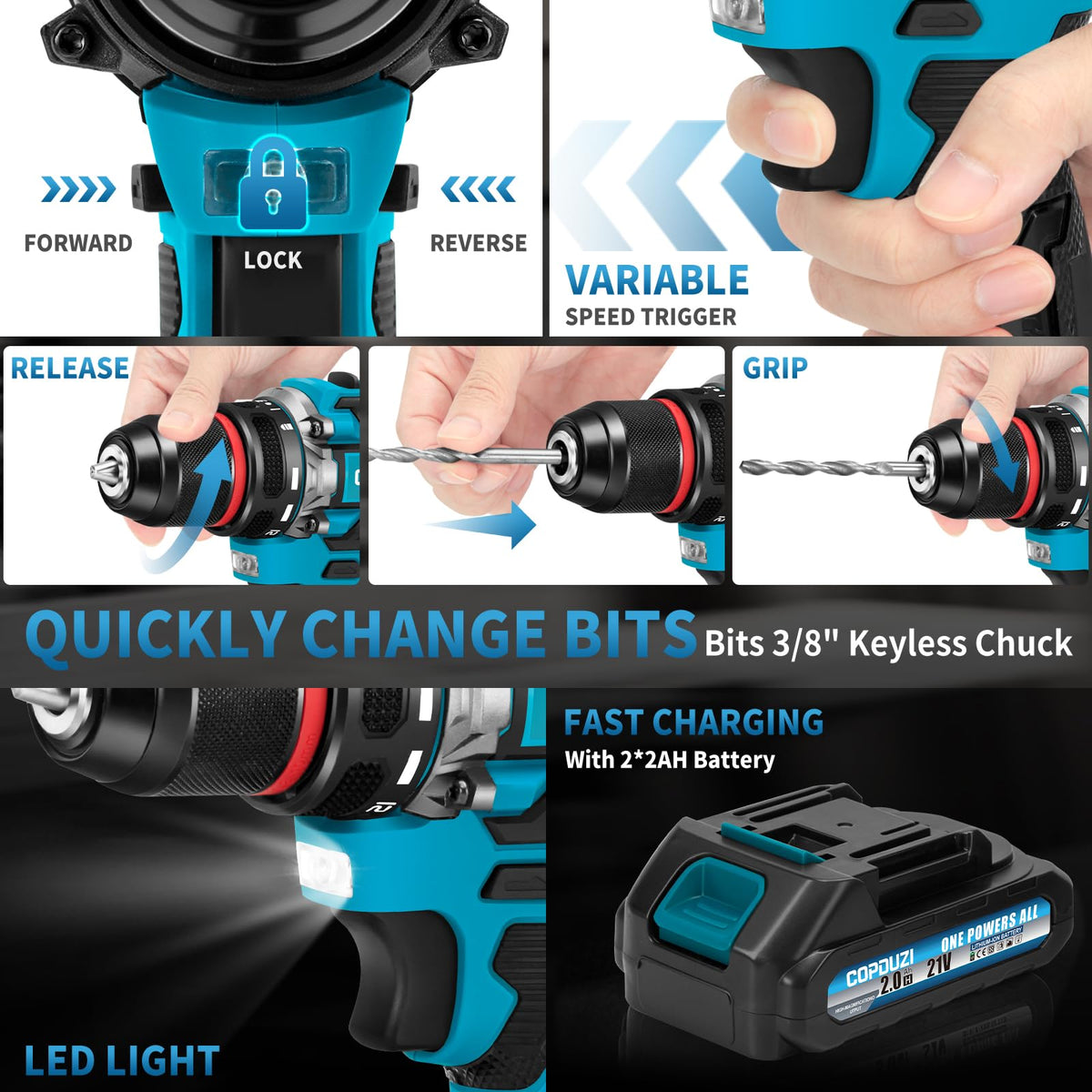 21V Cordless Brushless Drill Driver Combo Kit with 2x2.0Ah Battery W72120