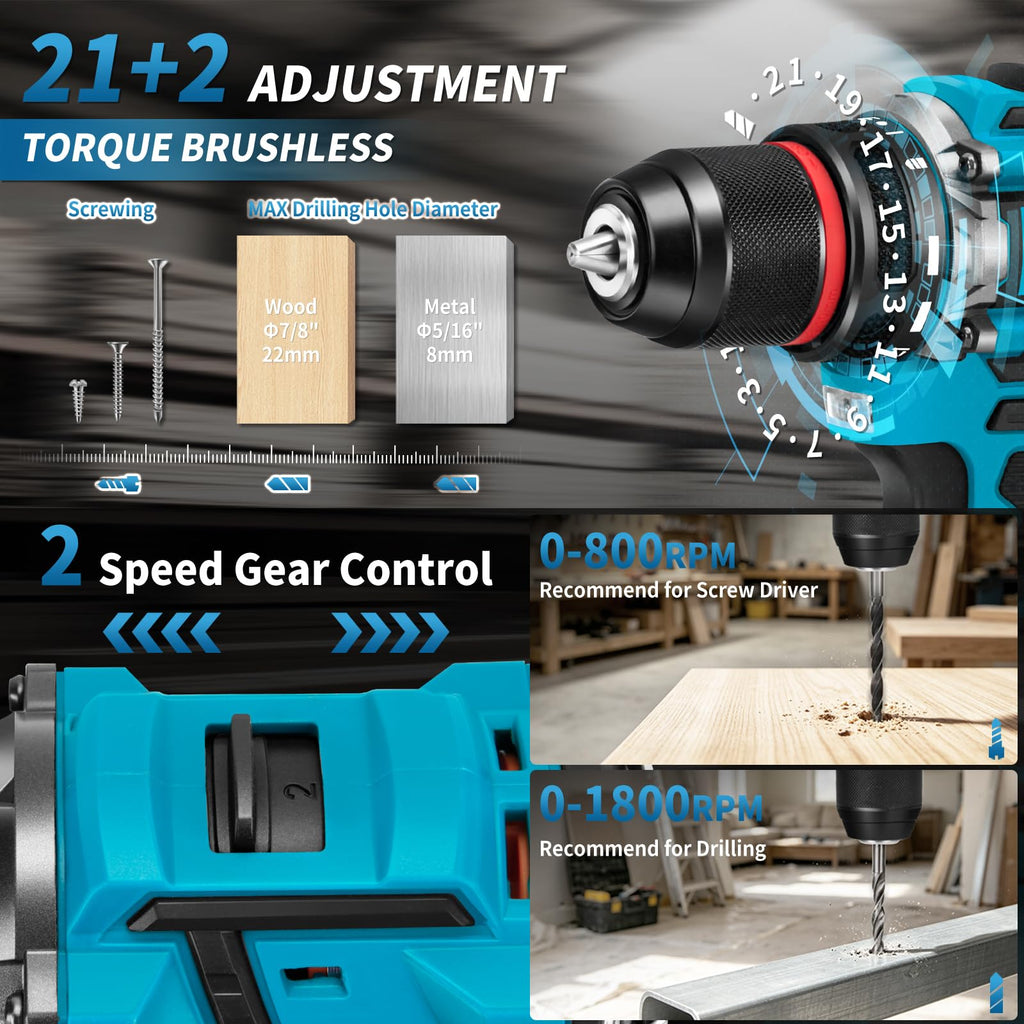 21V Cordless Brushless Drill Driver Combo Kit with 2x2.0Ah Battery W72120
