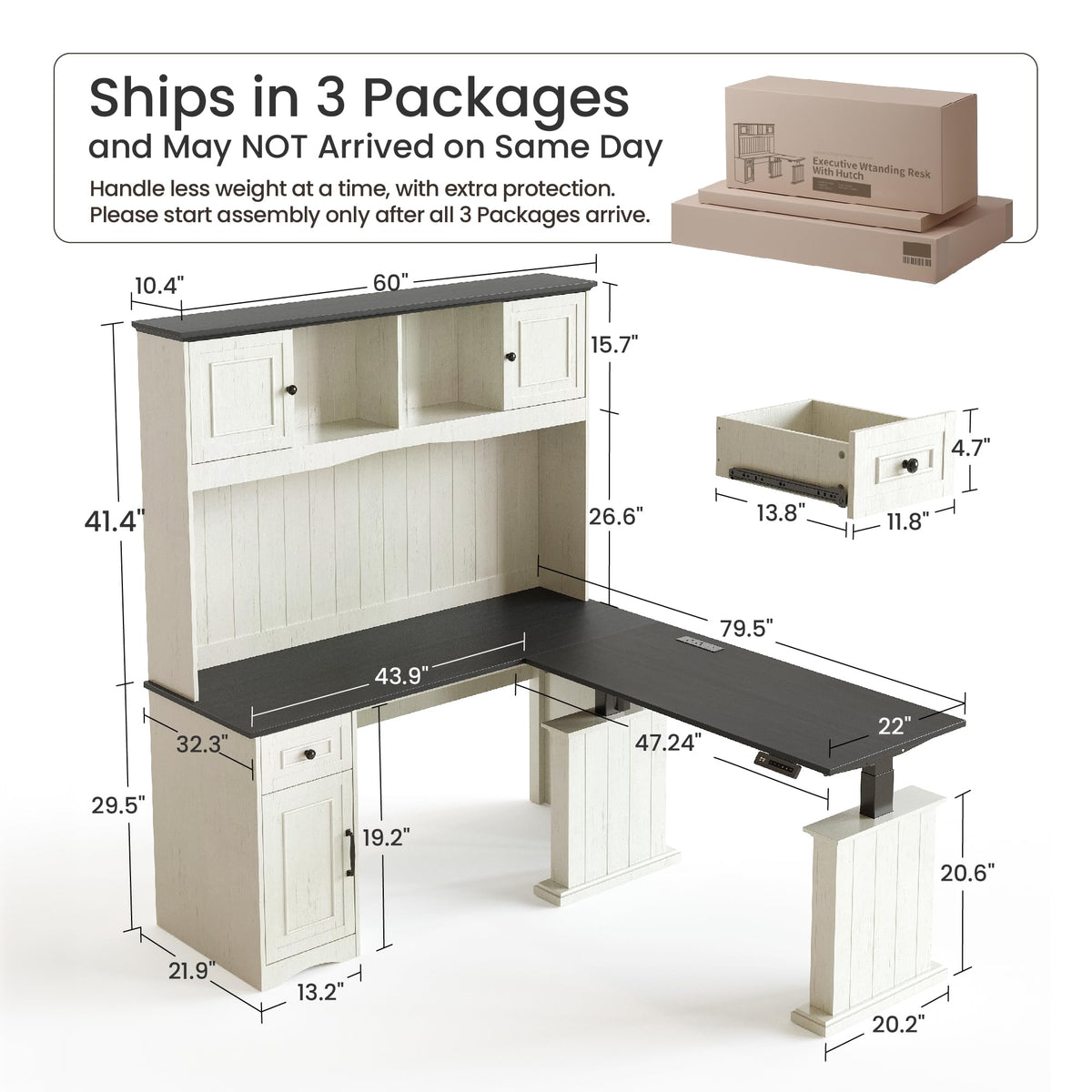 L Shaped Electric Standing Desk with Hutch and Drawers V33810