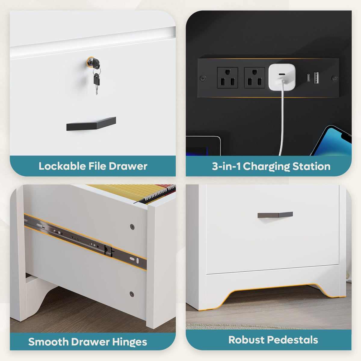 White Office Desk with Lockable Drawers and Charging Station O715