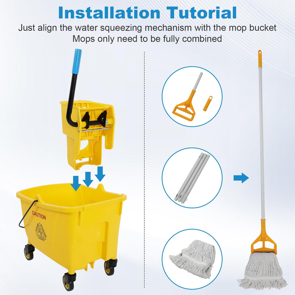 35 Qt Yellow Mop Bucket with Wringer on Wheels and Mops Set T273350