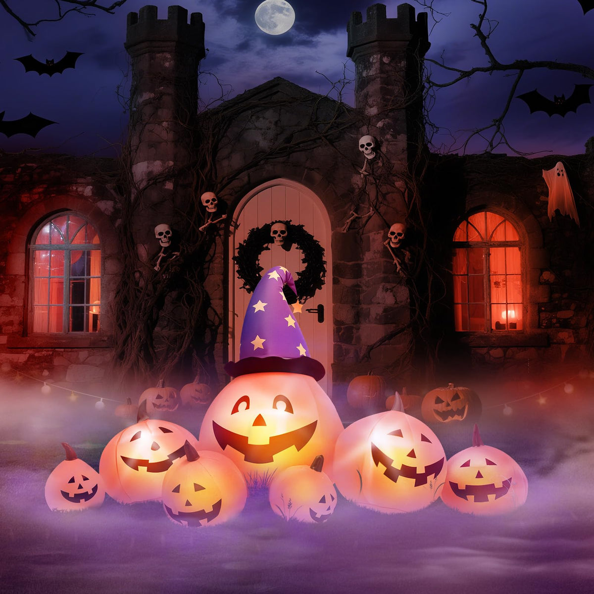 8 FT Inflatable Pumpkins and Witch Hat with Built-in LED Lights U12529