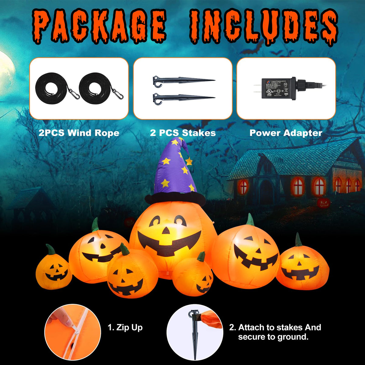 8 FT Inflatable Pumpkins and Witch Hat with Built-in LED Lights U12529